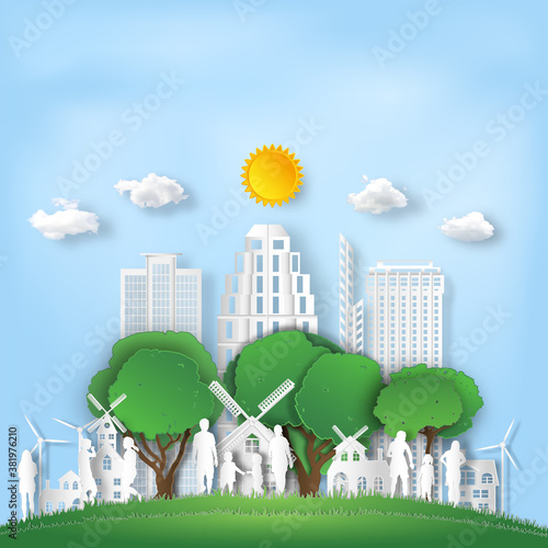 The family love and relax in the morning city on summer, fresh air in the park on the green park as nature, healthy, paper art and craft style concept. vector illustration