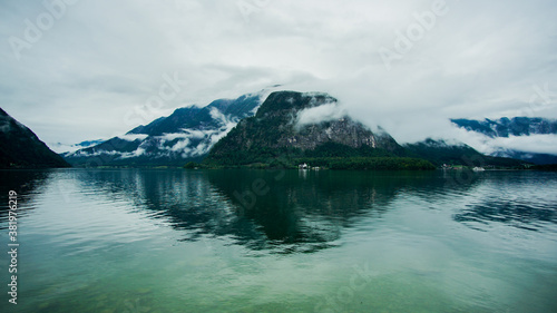Photography Mirror reflection of foggy mountain on Lake Hallstatt