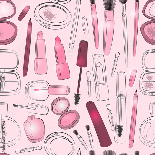 Makeup and beauty product seamless pattern in red and pink.