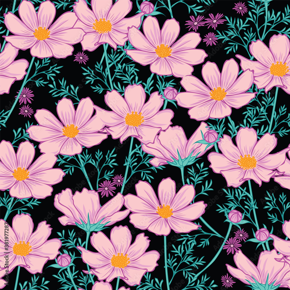 Floral seamless pattern with cosmos flower. purple flowers on black background design.