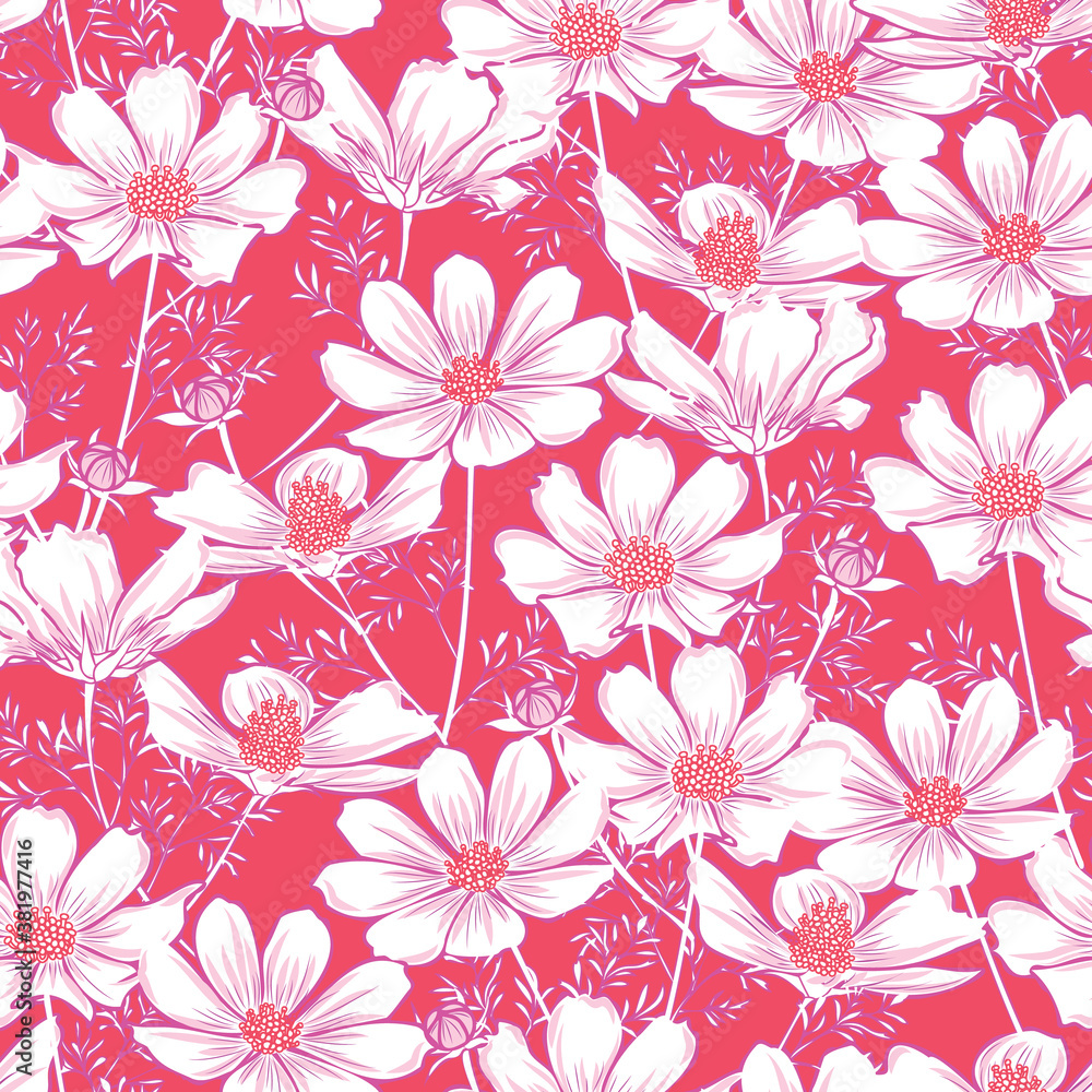 Floral seamless pattern with cosmos flower. white flowers on coral background design. Floral seamless pattern with cosmos flower. white flowers on coral background design.