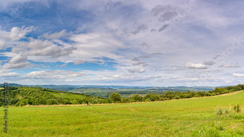 Landscape view at a green field with blue sky and clouds  in Germany
