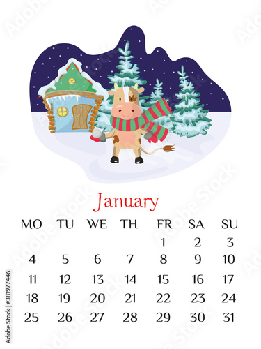 January calendar page 2021 with bull. Outdoor winter scene. Vector illustration and calendar grid.