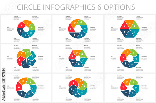 Set circle elements of graph, diagram with 6 steps, options, parts or processes. Template for infographic, presentation.