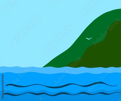 The sea is blue  the sky and the mountain. Nature landscape for background. In a simple bright flat style.