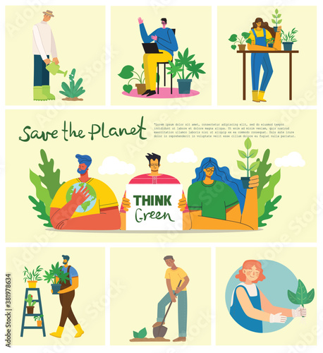 Set of eco save environment pictures. People taking care of planet collage. Zero waste, think green, save the planet, our home hand written text in the flat design