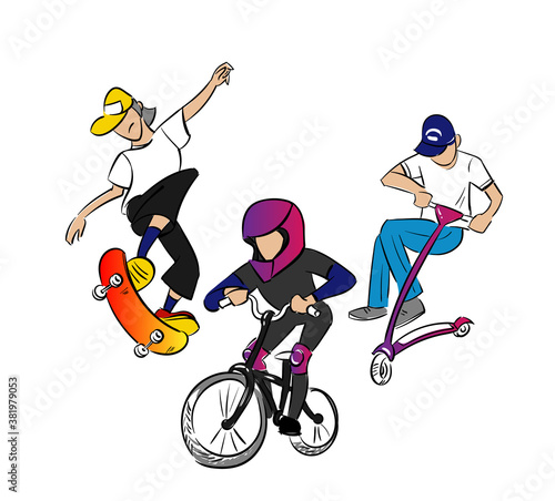skateboard bmx scooter rider skatepark vector character isolated line art cartoon