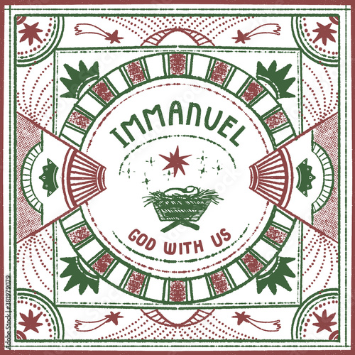 Vector hand drawn square stamp style Christmas card with words Immanuel God With Us.
