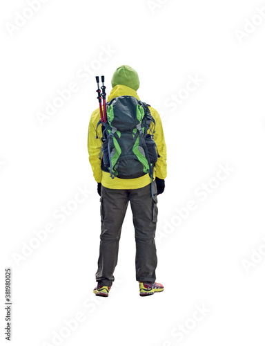 Back view of active man with backpack and trekking poles isolated on white background