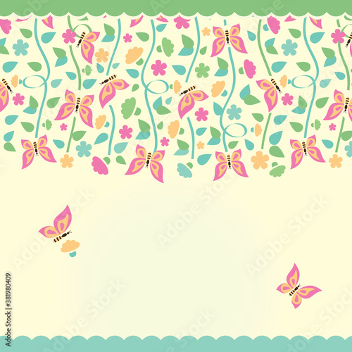 Greeting background with flowers, butterflies and space for text 