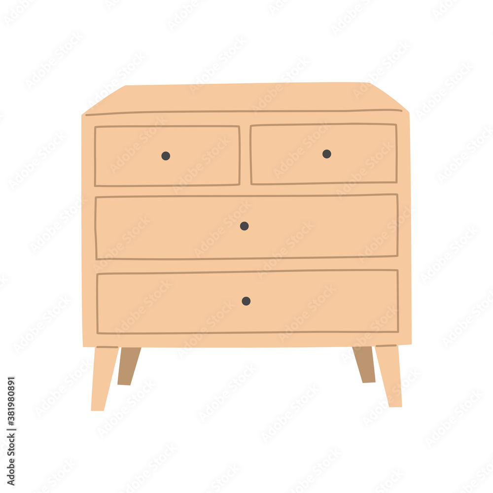 Wooden chest of drawers for cozy apartment in Scandinavian style. Hand drawn hygge furniture for stylish home. House decoration design. Vector illustration, isolated on white background. Wooden chest of drawers for cozy apartment in Scandinavian style. Hand drawn hygge furniture for stylish home. House decoration design. Vector illustration, isolated on white background.