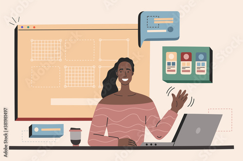 Young African American web designer woman in workplace, freelance worker, creating website, interface and mobile app. Hand drawn vector illustration in flat cartoon style on yellow background. 