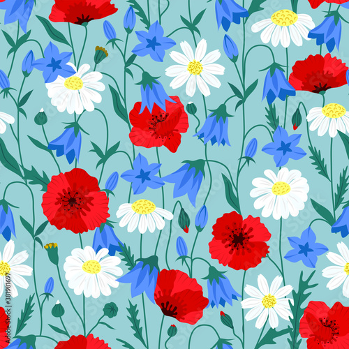 Floral summer seamless pattern with chamomiles, poppy and bell flowers on turquoise background  © Iuliia
