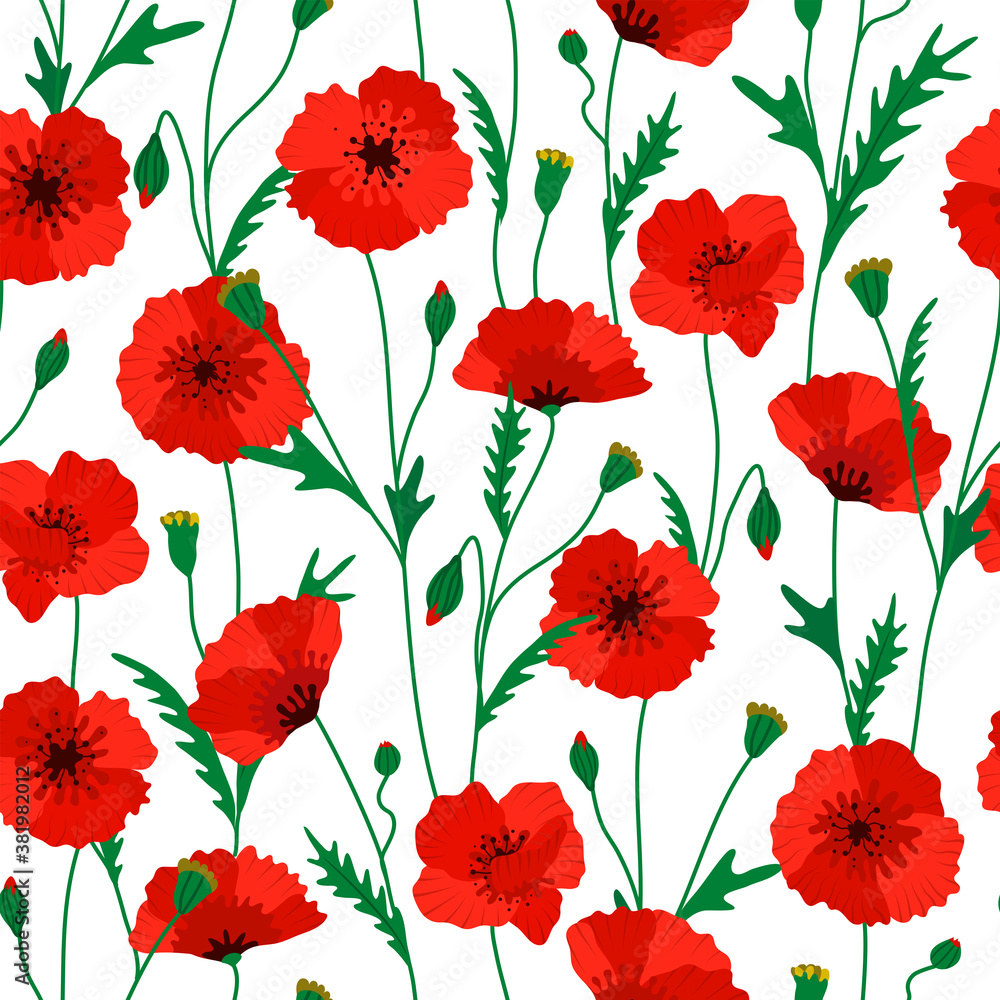 Poppy flower seamless pattern on white background Poppy flower seamless pattern on white background