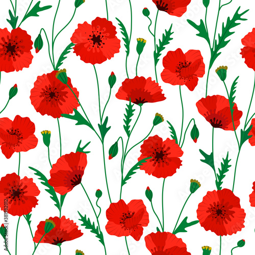 Poppy flower seamless pattern on white background
