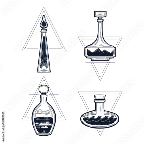 Four elements potion bottles set, vector illustration