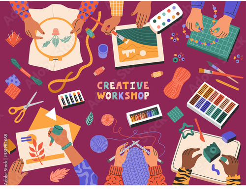 Creative workshop, children applique, draw, make plasticine, knitting, embroidery, template banner educational courses for children. Hand drawn illustration in modern cartoon flat style.
