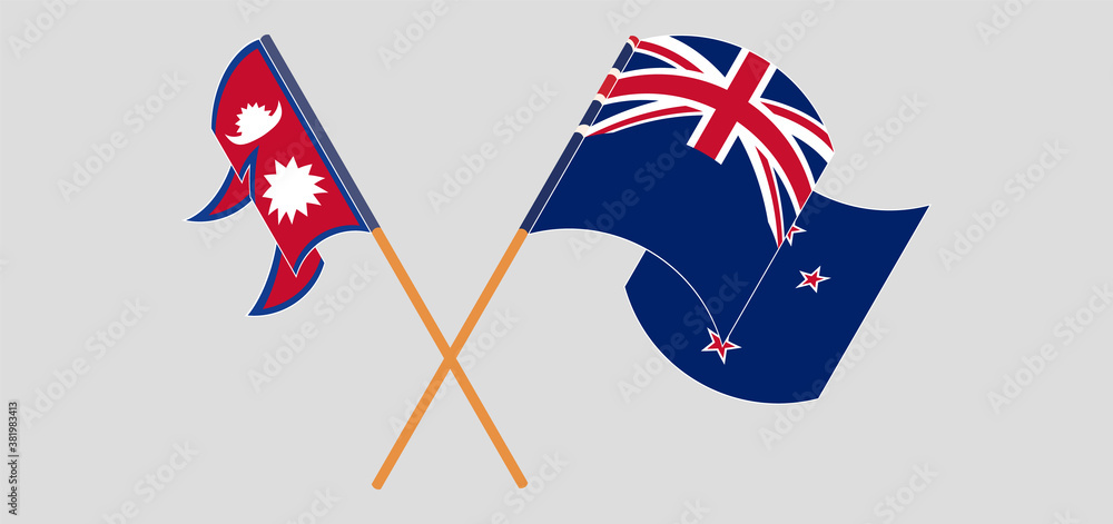Crossed and waving flags of Nepal and New Zealand Crossed and waving flags of Nepal and New Zealand