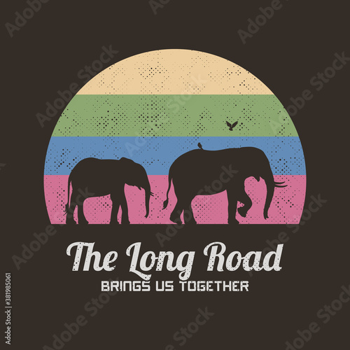 Elephant family walking in tall grass. Retro illustration with animal mother and baby isolated silhouettes. Multicolor texture background. Romantic vector design for prints, t-shirts © arvitalya