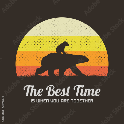 Bears family walking. Animal silhouette. Vector retro design