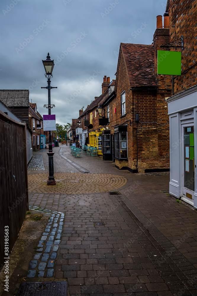 A view down an alleyway in Stevenage Old Town, UK in the summertime