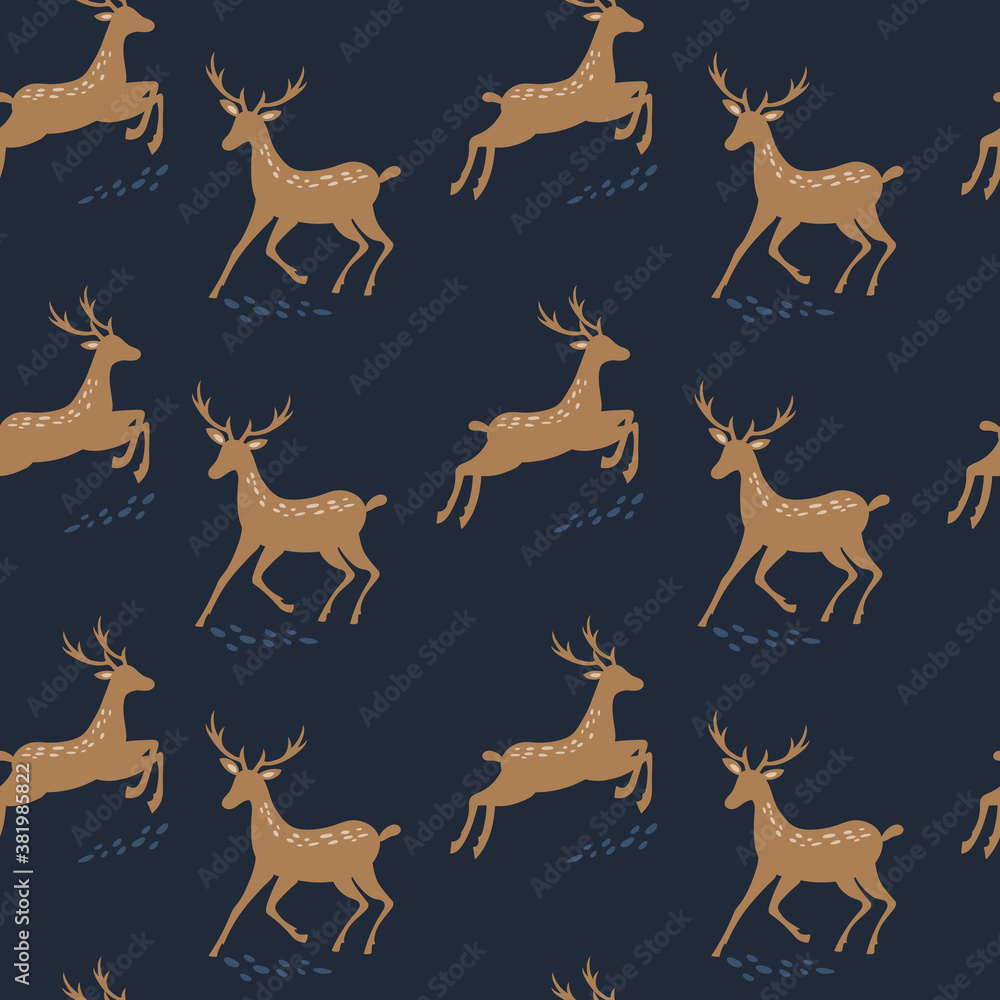 Seamless pattern with deer. Winter background. Vector