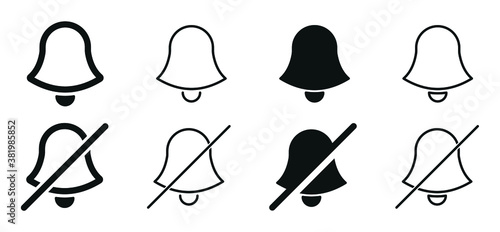 Notification bell icons vector with different style, line or stroke alarm bell icon, mute alarm ringer