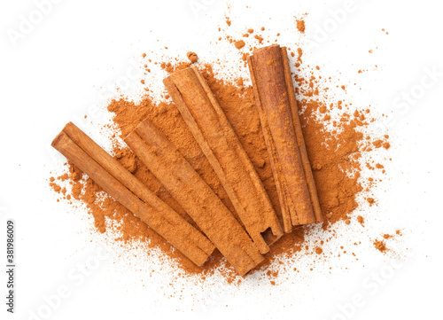 Cinnamon Sticks With Powder Isolated Over White