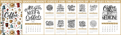 Modern typography lettering compositions for 2021 year calendar with funny motivation quotes. Hand drawn illustrations. Trendy season slogans, vector graphic