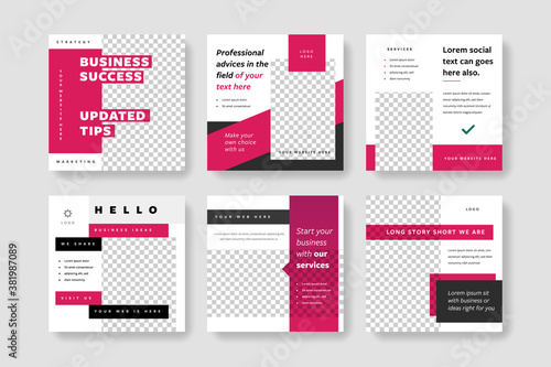 Instagram post templates with magenta accent. Set of editable square graphics for social media posts with place for toho
