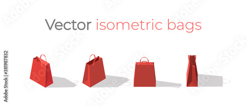 Isometric carton shopping bags. Set of packages in different positions. Front and side view of retail purchase packaging. Bags of mockup with empty space. Vector