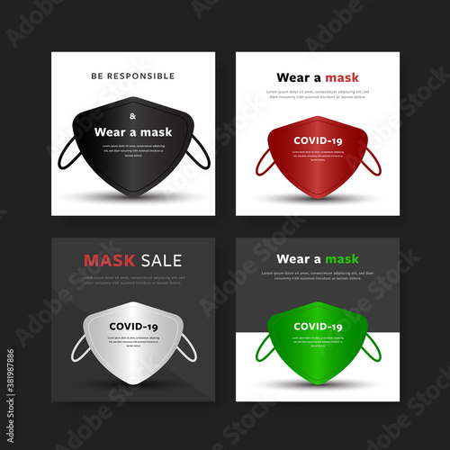 Covid-19 vector with protective masks for social media posts. Set of editable square templates for business and digital marketing.  photo