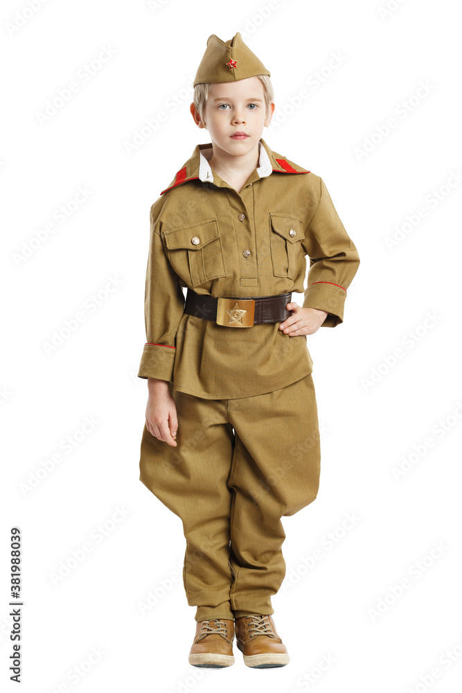 Portrait of pretty boy in ussr military uniform isolated at white background. Concept of russian soldier for 9 May holiday celebration. Portrait of pretty boy in ussr military uniform isolated at white background. Concept of russian soldier for 9 May holiday celebration.