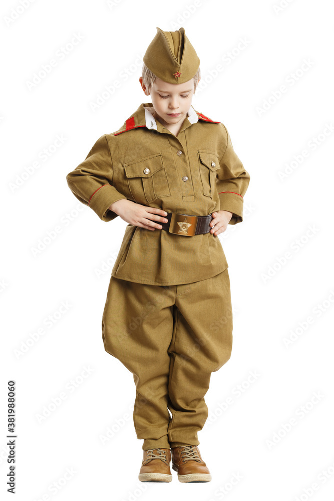 Portrait of pretty boy in military uniform isolated at white background. Concept of russian soldier for 9 May holiday celebration. Portrait of pretty boy in military uniform isolated at white background. Concept of russian soldier for 9 May holiday celebration.