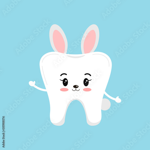 Cute Christmas tooth in bunny rabbit costume with ears icon in flat cartoon style isolated on background. Happy New Year costume graphic design element vector illustration.