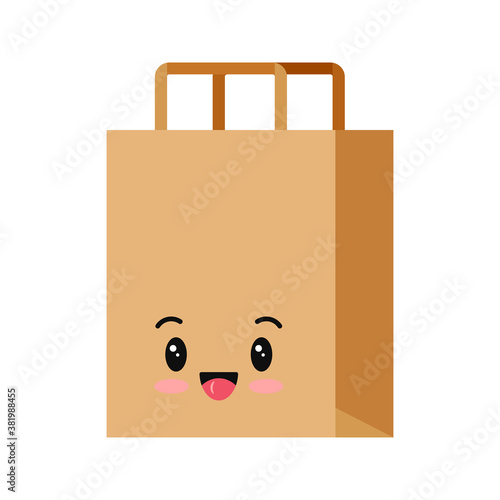 Packaging for goods emoji character isolated on white background. Smilling kraft brown cardboard supermarket, shop, restaurant, fast food package emoticon. Vector flat design pack icon illustration.