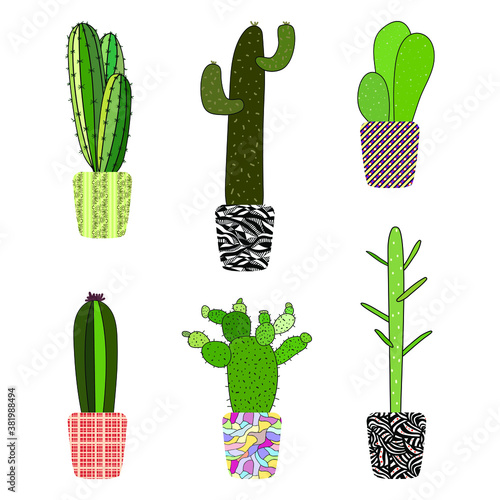 A set of flowerpots with cacti. Vector stock illustration eps10.