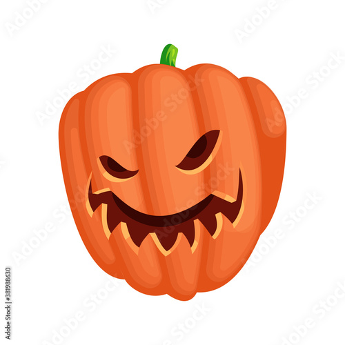 Spooky Halloween pumpkin vector illustration. Cartoon jack o lantern character template. Party invitation scary graphic isolated on white Traditional October holiday design element.background.