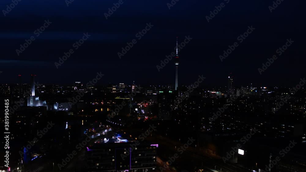 moody Aerial night flight over Berlin Skyline