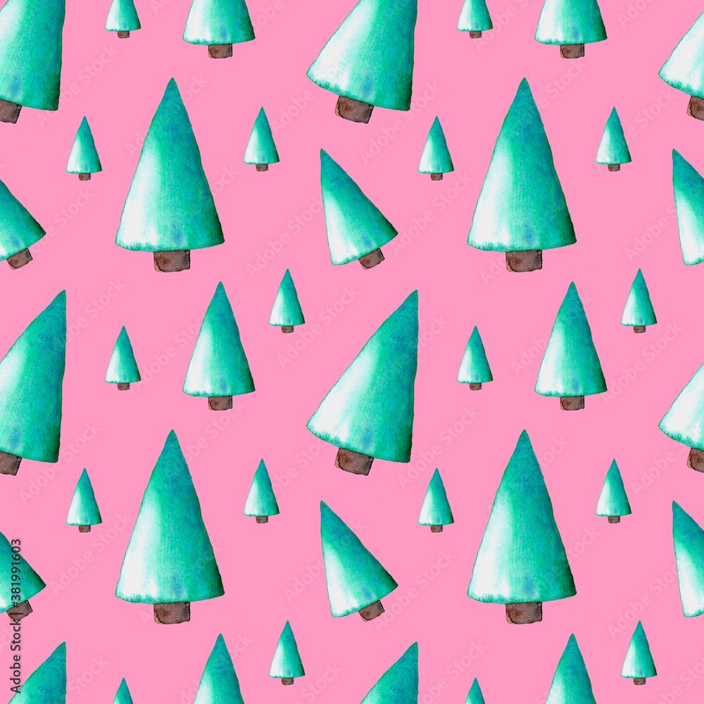 Watercolor Christmas tree seamless pattern, tree isolated on pink background. It is perfect for Cristmas cards or wrapping paper, design, background, wallpaper, textile. Watercolor Christmas tree seamless pattern, tree isolated on pink background. It is perfect for Cristmas cards or wrapping paper, design, background, wallpaper, textile.