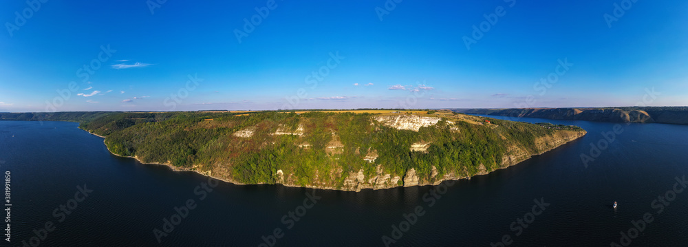 Fototapeta premium Bakota Dnister river tourists landmark in Ukraine aerial panorama view