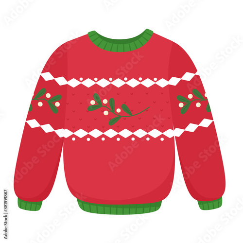 Christmas sweater with mistletoe. Clothing decor, Christmas holidays. Vector illustration in flat style.