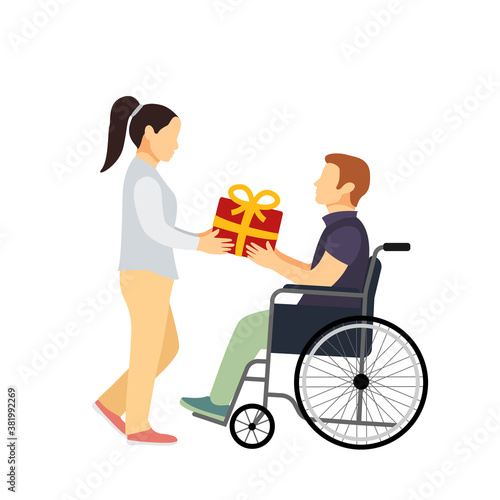Disabled man in a wheelchair giving a gift to a girl, flat vector illustration