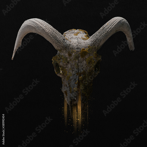 ancient moss goat skull isolated on the dark  background with gold dust