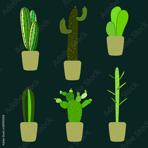 A set of flowerpots with cacti. Vector stock illustration eps10.