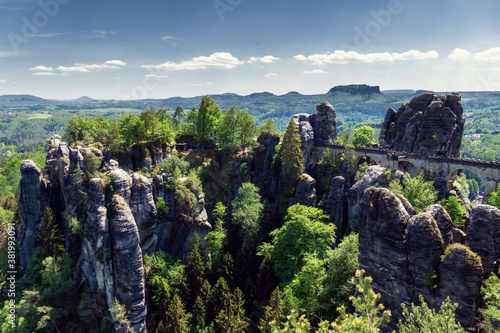 Beautiful view on Bastei Bridge in Saxon Switzerland, Germany