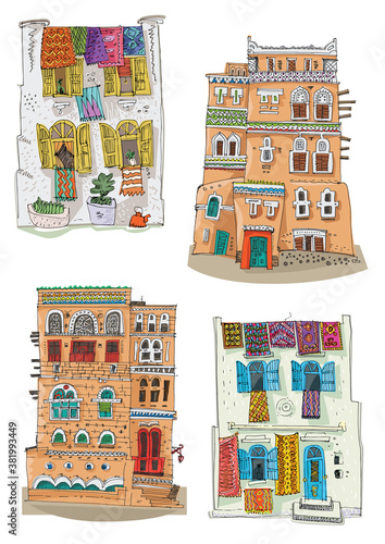 A set of traditional arabian, Yemen and Morocco architecture. Cartoon, caricature. Hand drawn traced to vector and colored sketch.