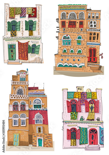 A set of traditional arabian, Yemen and Morocco architecture. Cartoon, caricature. Hand drawn traced to vector and colored sketch.