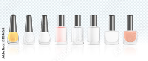 Set of realistic cosmetic container different color glass with collagen solution advertising background ready to use, varnish, nail polish. Beauty product ad design