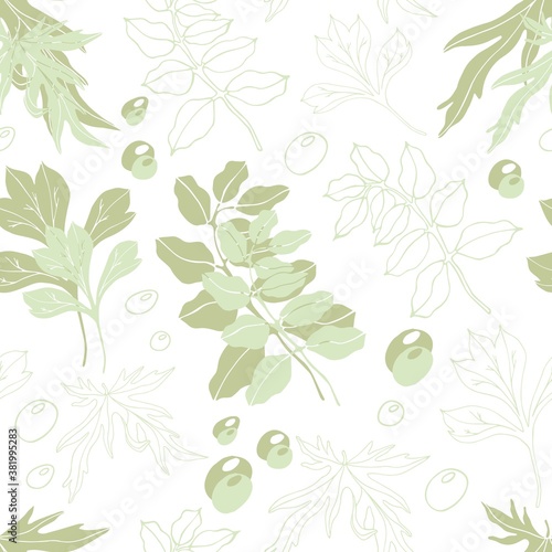 Fototapeta Naklejka Na Ścianę i Meble -  Vector seamless pattern of green leaves on a white background.